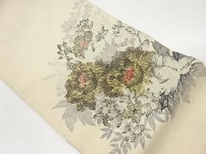 手織り真綿紬花葉模様織出し名古屋帯